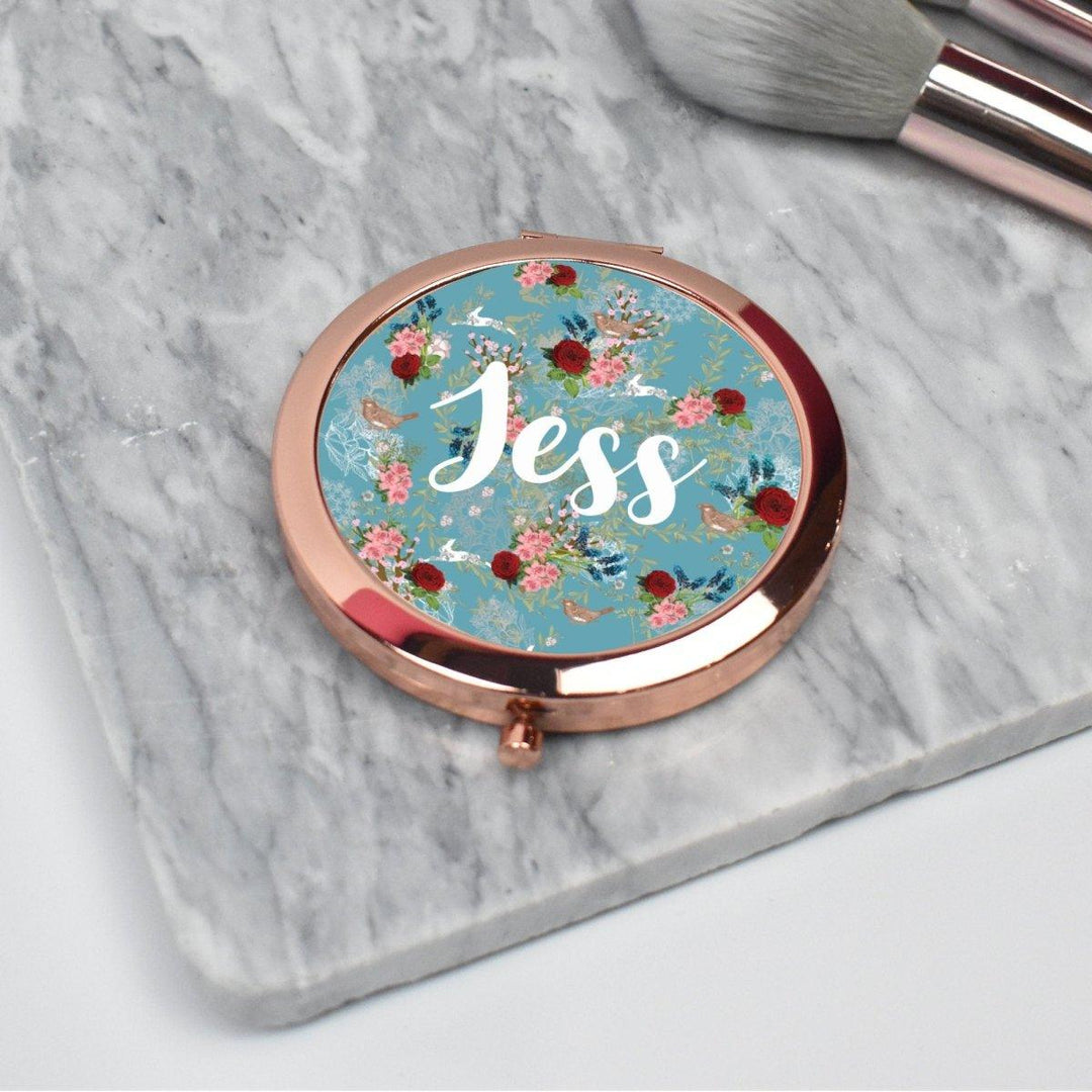 Rose Gold Personalised Pocket Mirror, Compact Mirror, Hen Party Pocket Mirror, Name Pocket Mirror, Boho Handheld mirror, Bridesmaid Gift - Amy Lucy