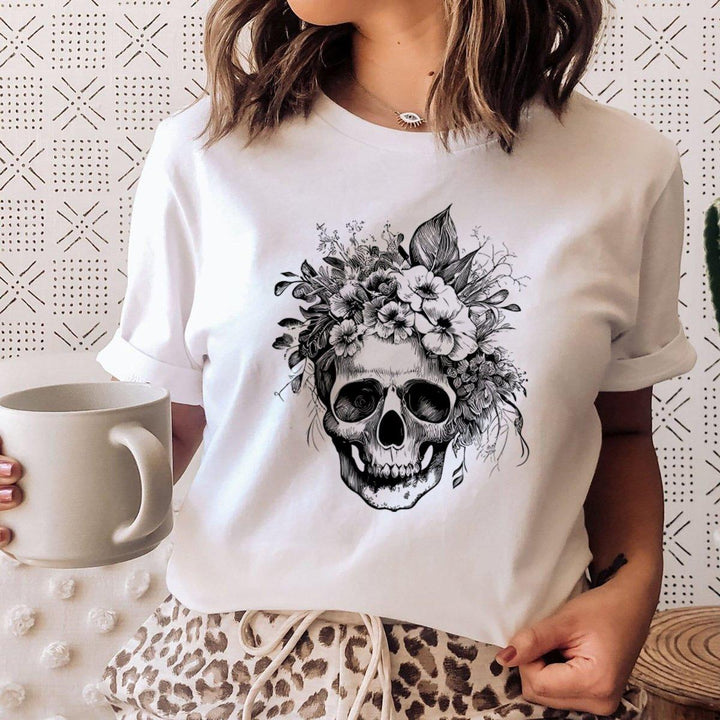 Skull and Flower T-shirt, Gothic T-shirt, Skull Top, Casual Halloween T-shirt, Ladies Casual Top, Halloween Skull Top, Organic Cotton Top - Amy Lucy