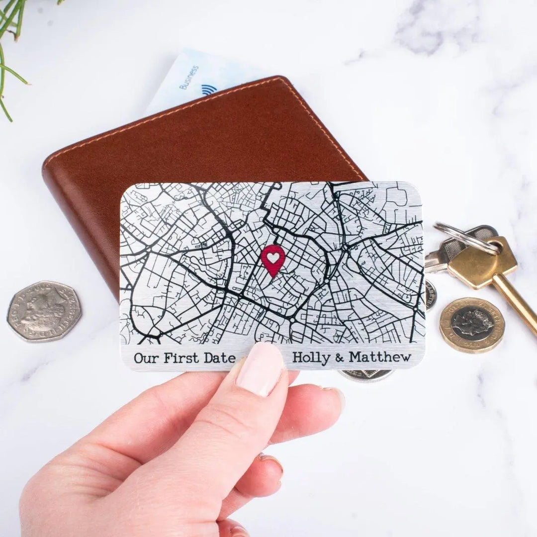 Where We Met Wallet Card, Personalised Couple&#39;s Map, Valentine&#39;s Gift, Custom Anniversary Gift, Keepsake For Him, Metal Map Wallet Insert - Amy Lucy